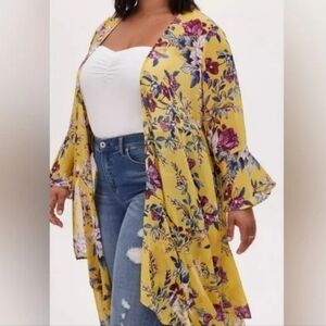 Torrid Plus Size 4 Yellow Floral Cardigan Duster Hi-Lo Hem